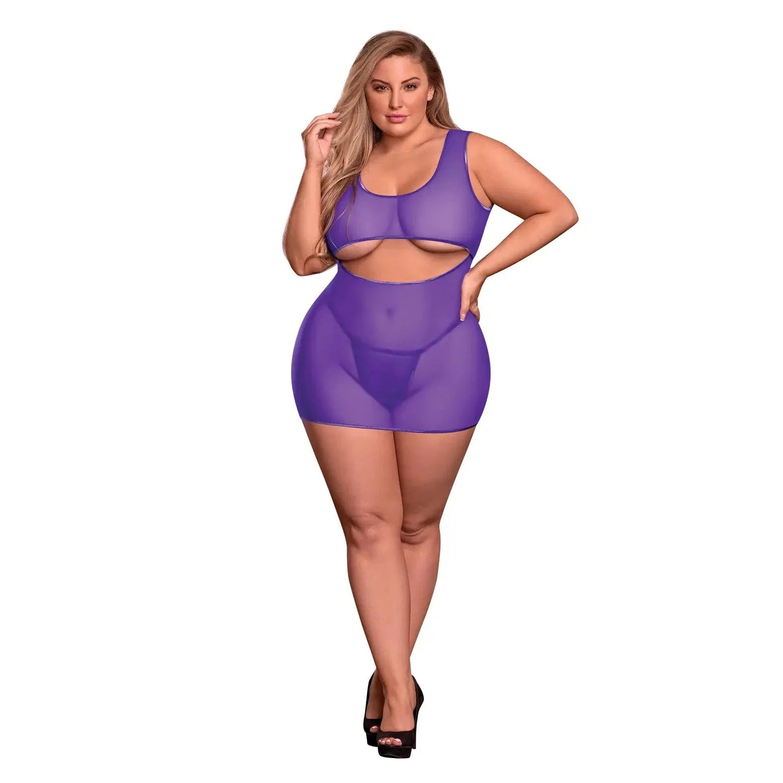 Sheer Mesh Underboob Dress & Crotchless G-String - Queen