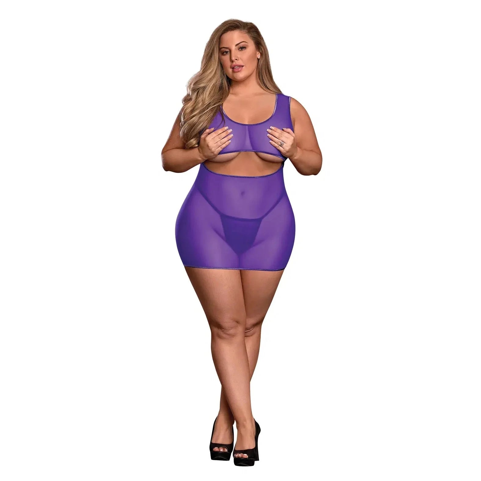 Sheer Mesh Underboob Dress & Crotchless G-String - Queen