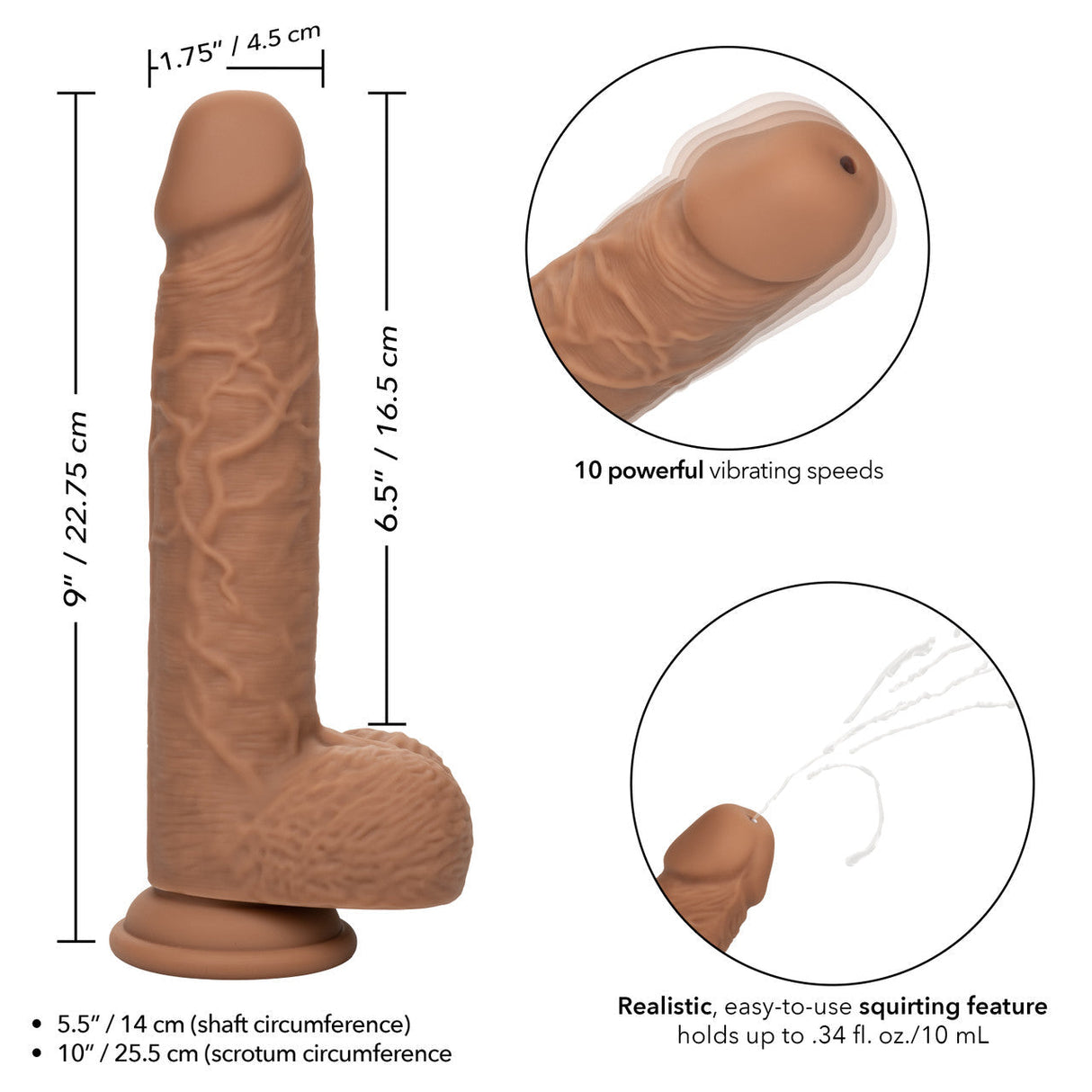 Squirting Fuck Stick 9" Vibrating Silicone Suction Cup Dildo - Brown