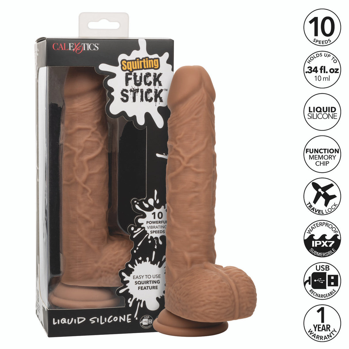 Squirting Fuck Stick 9" Vibrating Silicone Suction Cup Dildo - Brown