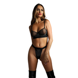 Edge Quilted Wetlook and Mesh Underwire Bra with Crotchless Panty