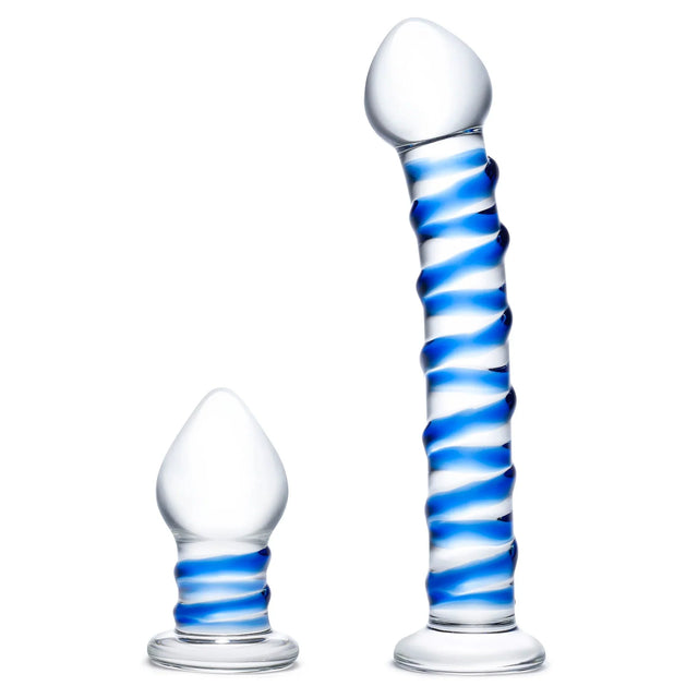 2PC Double Penetration Glass Swirly Dildo & Butt Plug Set