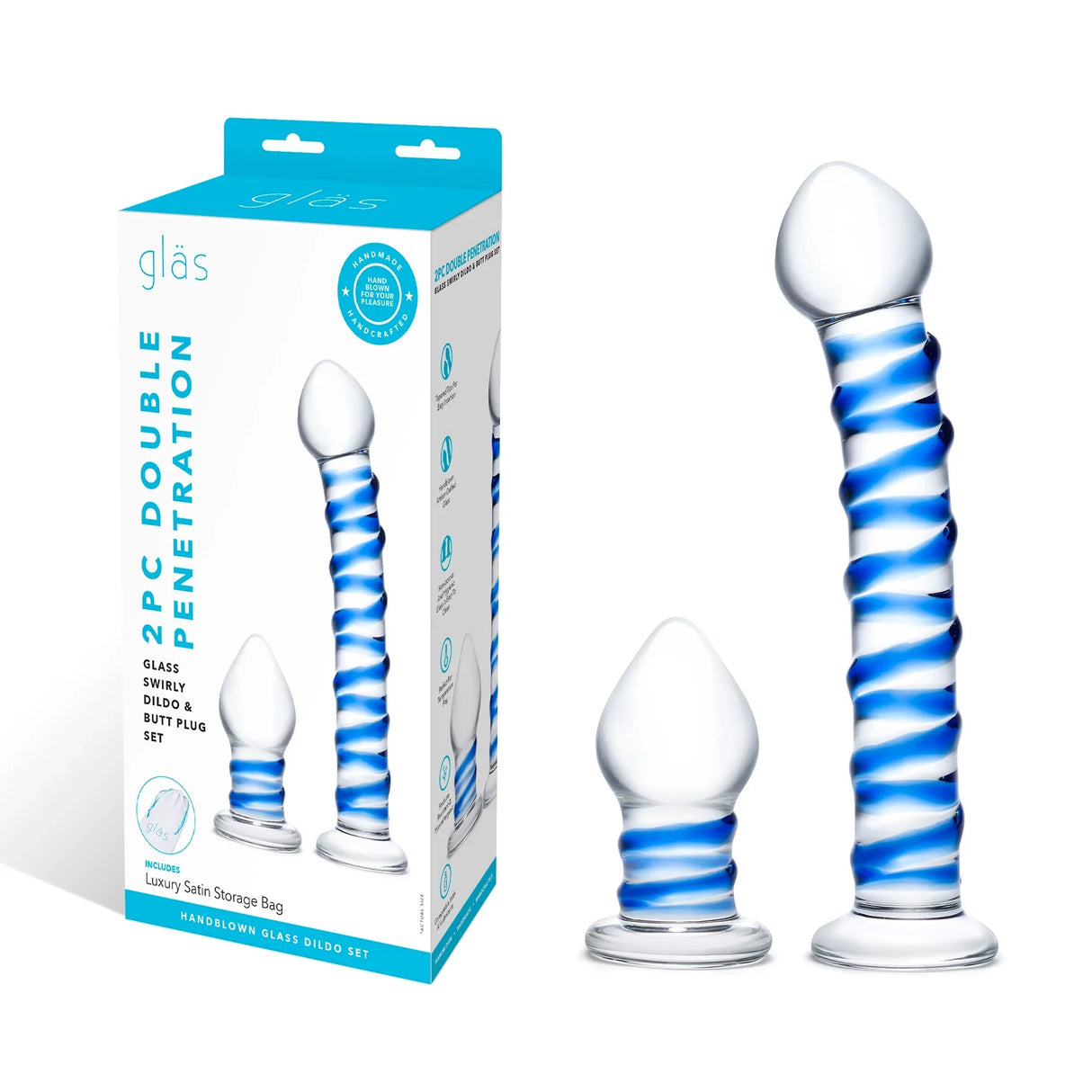 2PC Double Penetration Glass Swirly Dildo & Butt Plug Set