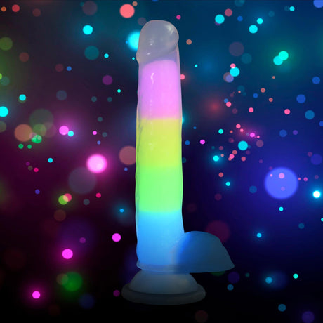 7 Inch Glow-in-the-Dark Rainbow Silicone Dildo with Balls