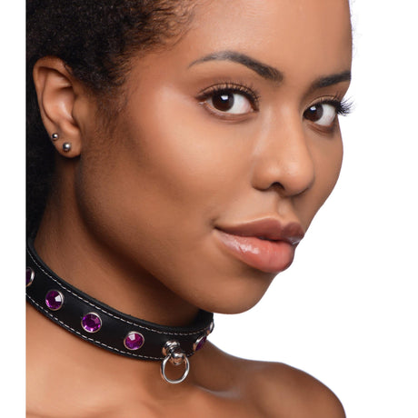 Fierce Vixen Leather Choker with Rhinestones - Purple