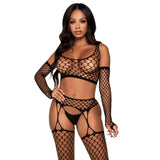 Leg Avenue 3-Piece Net Crop Top, Garter Stockings, and Matching Gloves
