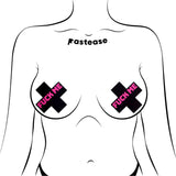 Pastease Liquid Black Cross with Pink 'Fuck Me' Nipple Pasties