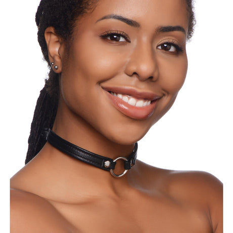 Sex Pet Leather Choker with Silver Ring - Black