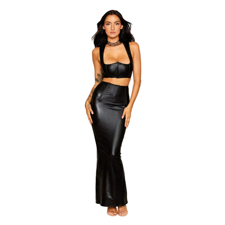 Stretch Faux Leather Harness Bra & Long Slip Skirt