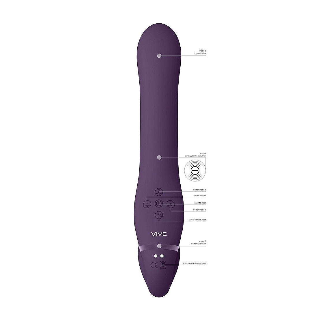 VIVE AI Rechargeable Dual Vibrating & Air Wave Tickler Silicone Strapless Strapon Purple