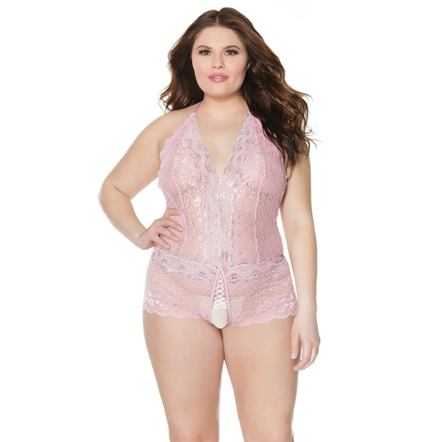 Crystal Pink Halter Crotchless Teddy