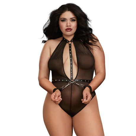 Dreamgirl Fetish Stretch Mesh Thong Back Teddy with Restraints