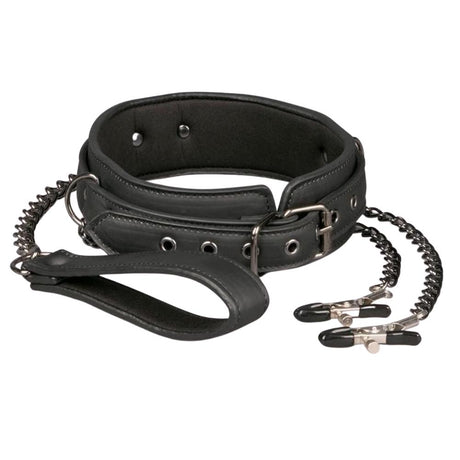 Faux Leather Lead & Nipple Clamps Collar Restraint Set