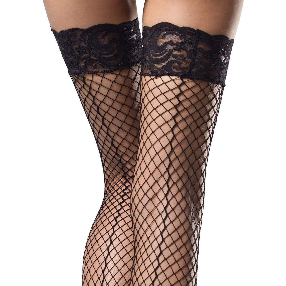 Leg Avenue Stay Up Industrial Net Backseam Thigh Highs With Lace Top and Satin Bow Accent