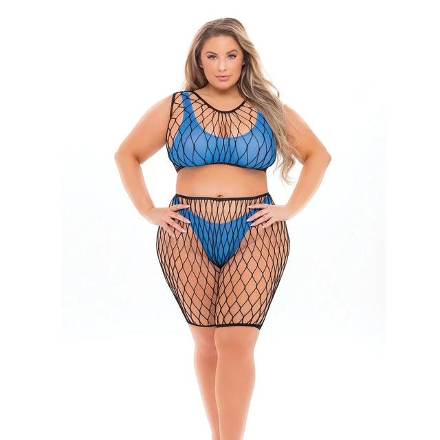 Pink Lipstick Brace For Impact Large Fishnet Top, Shorts, Bra & Thong - Queen