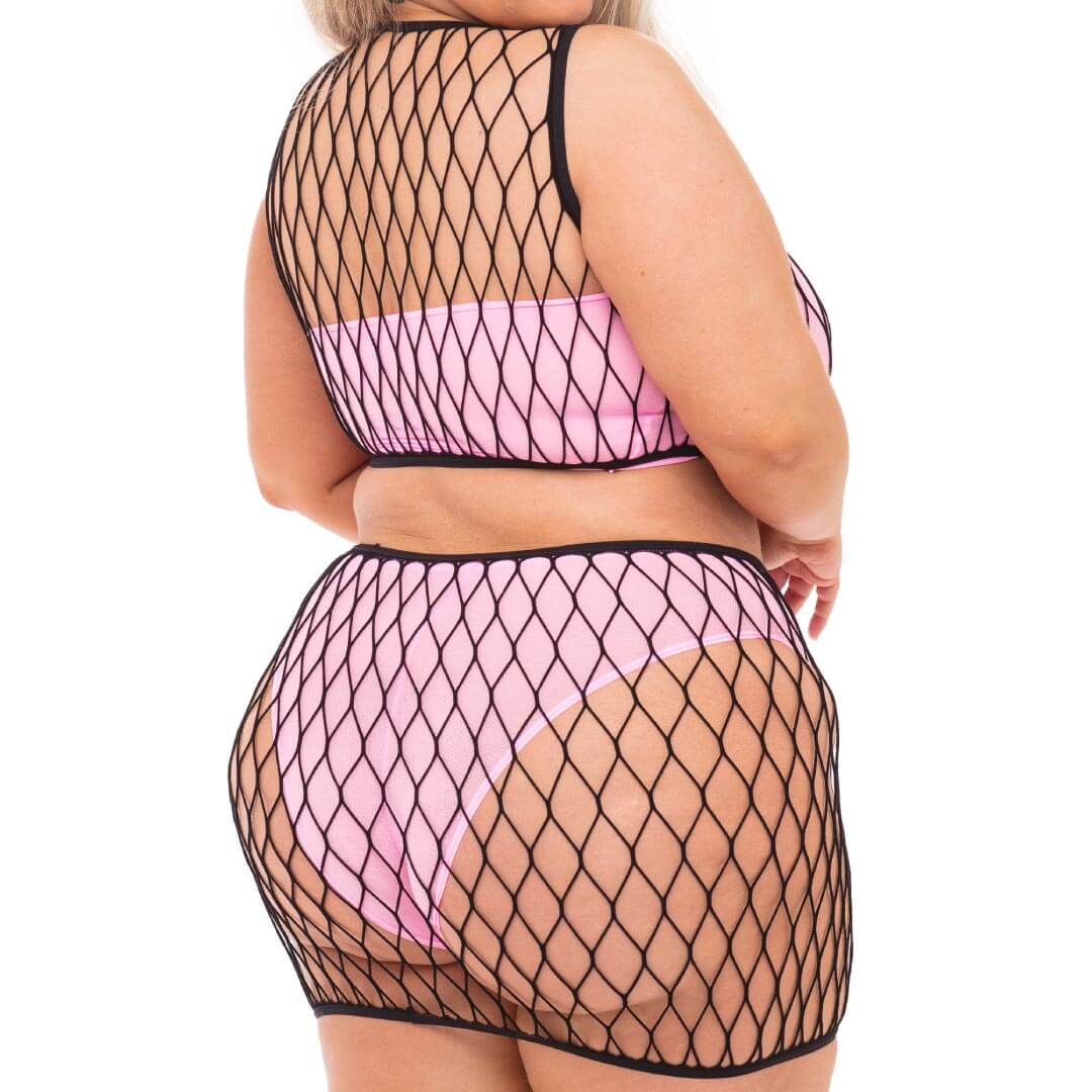 Pink Lipstick Crave You Large Fishnet Cami Top & Skirt, Bandeau Top & Panty - Queen