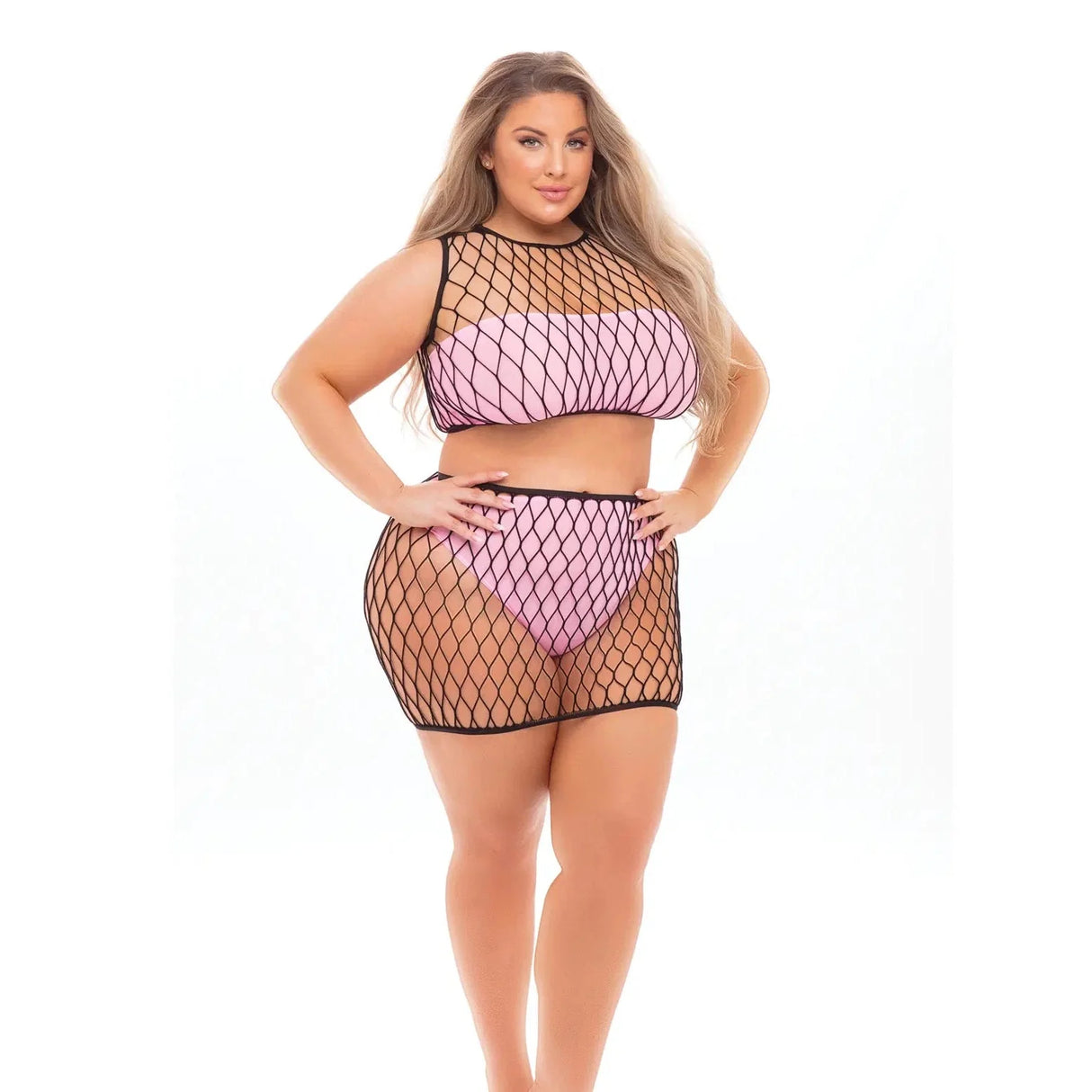 Pink Lipstick Crave You Large Fishnet Cami Top & Skirt, Bandeau Top & Panty - Queen