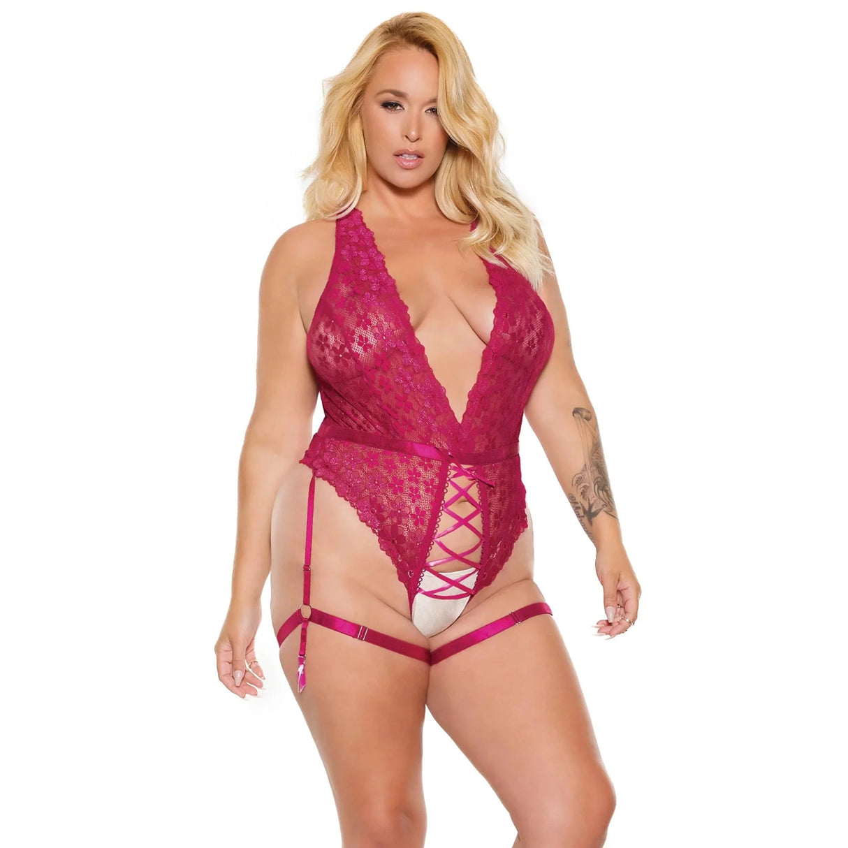 Scallop Stretch Lace Crotchless Teddy