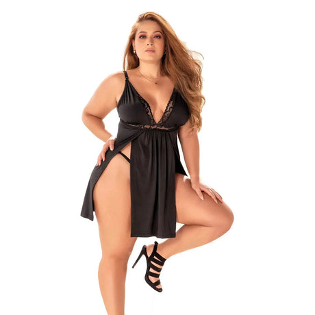 Stretch Babydoll with Lace & G-String - Plus Size