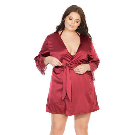 Stretch Satin Robe with Lace Sleeve